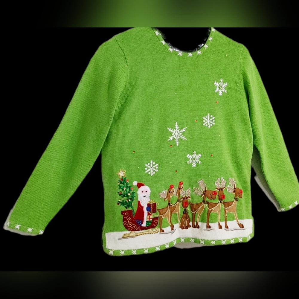 NWT Small Flaw Christmas Sweater Santa/Deer QVC Exclusive Sz XL Quaker Factory